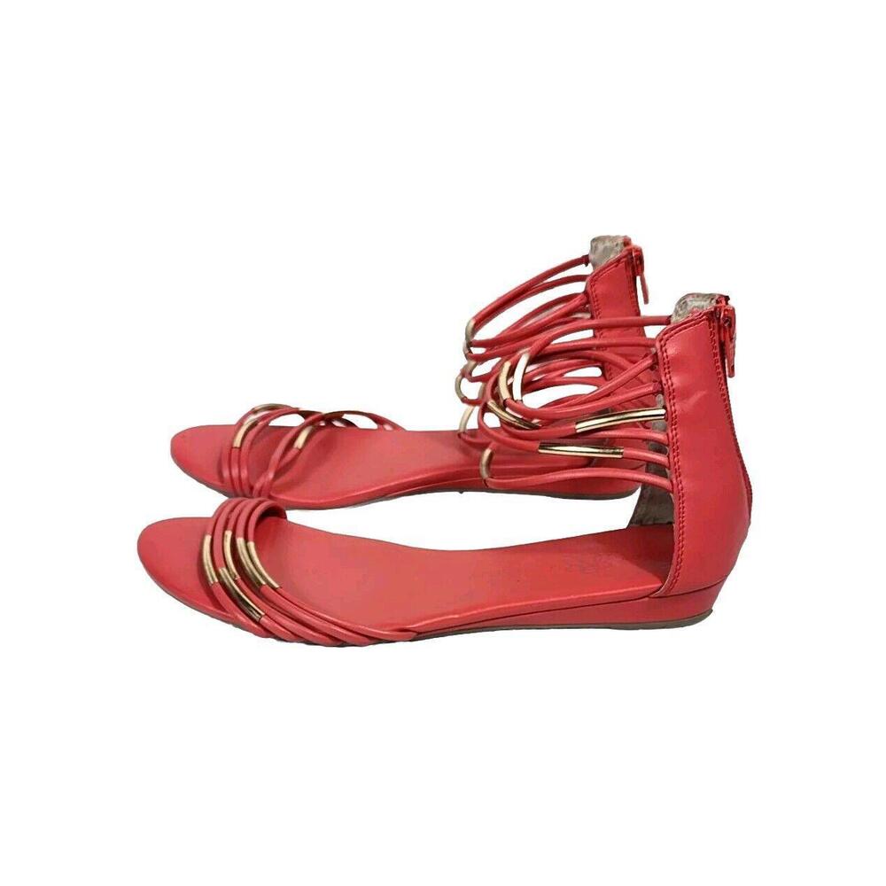 Rock & Republic Malloy Red Coral W/Gold Strappy Sandal Womens 10M Back Zip Flats